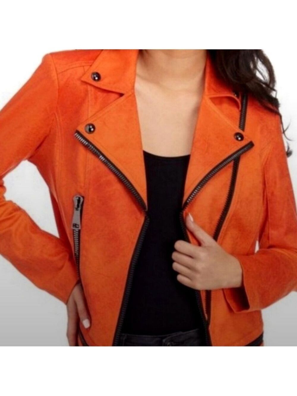 Lena Gabrielle-Size 8 orange moto jacket. Faux suede. Zipper accents. NWOT New!